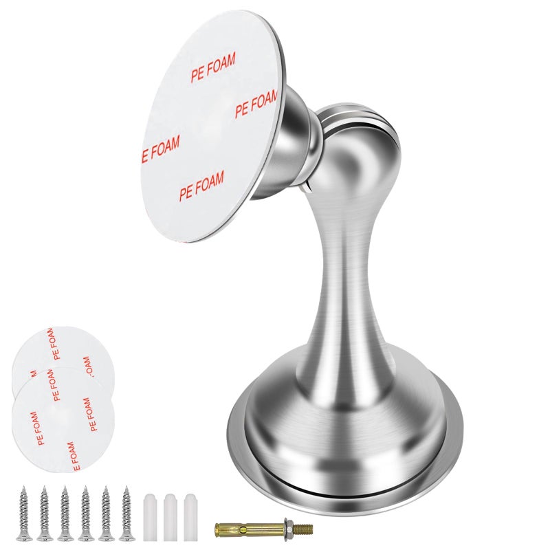 Gudui Magnetic Door Stop, Adhesive Door Stopper Magnetic Door Holder Catch, Brushed Stainless Steel, Magnet Doorstop No Drilling Floor Wall Mount, Silver - Image 1